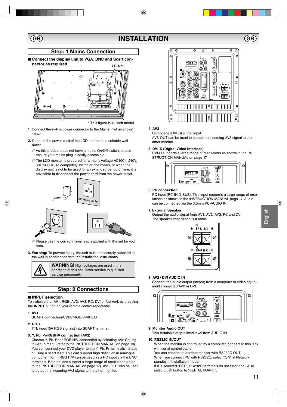 Installation, Step: 1 mains connection, Step: 2 connections | English | Sanyo CE42LH2WP User Manual | Page 31 / 33