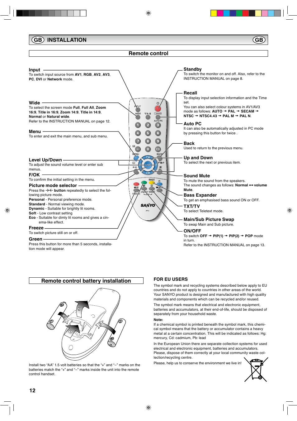 Remote control remote control battery installation, Installation gb gb | Sanyo CE42LH2WP User Manual | Page 32 / 33