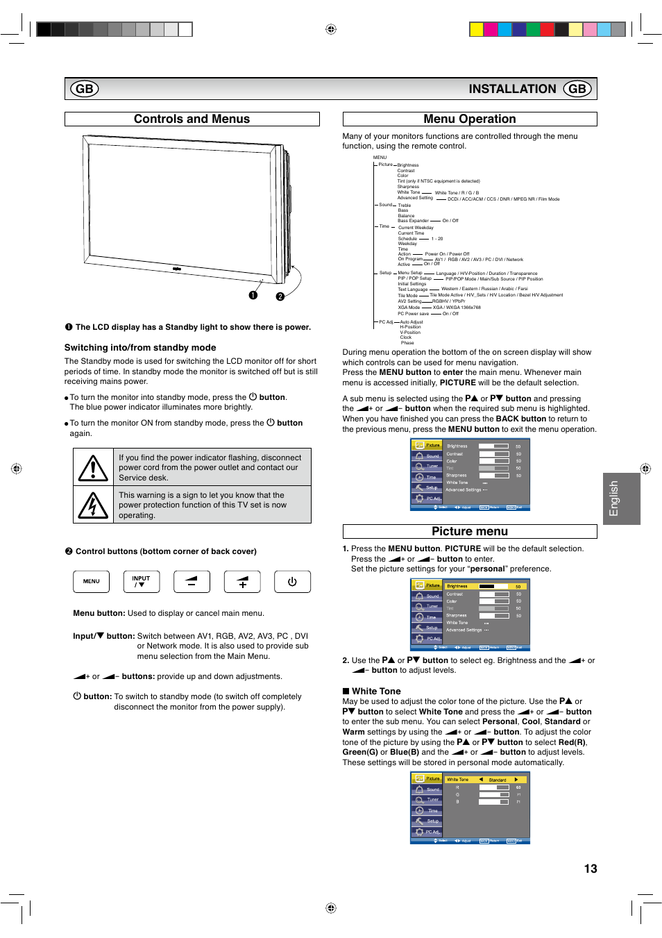 Installation controls and menus, Menu operation, Picture menu | English | Sanyo CE42LH2WP User Manual | Page 33 / 33