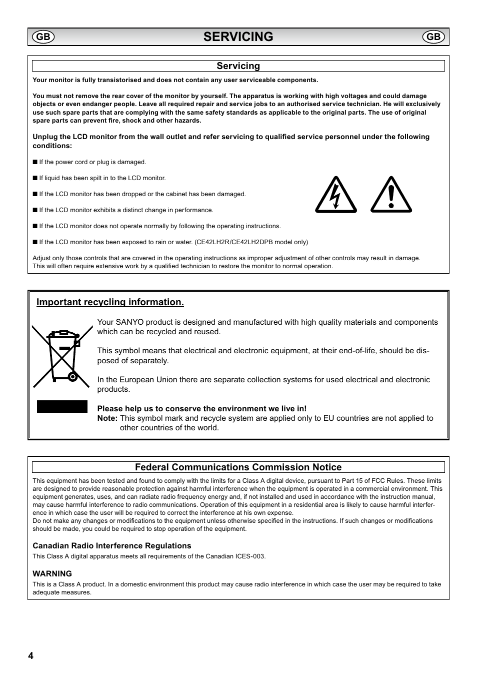 Servicing, 4servicing, Federal communications commission notice | Important recycling information | Sanyo CE42LH2WP User Manual | Page 4 / 33