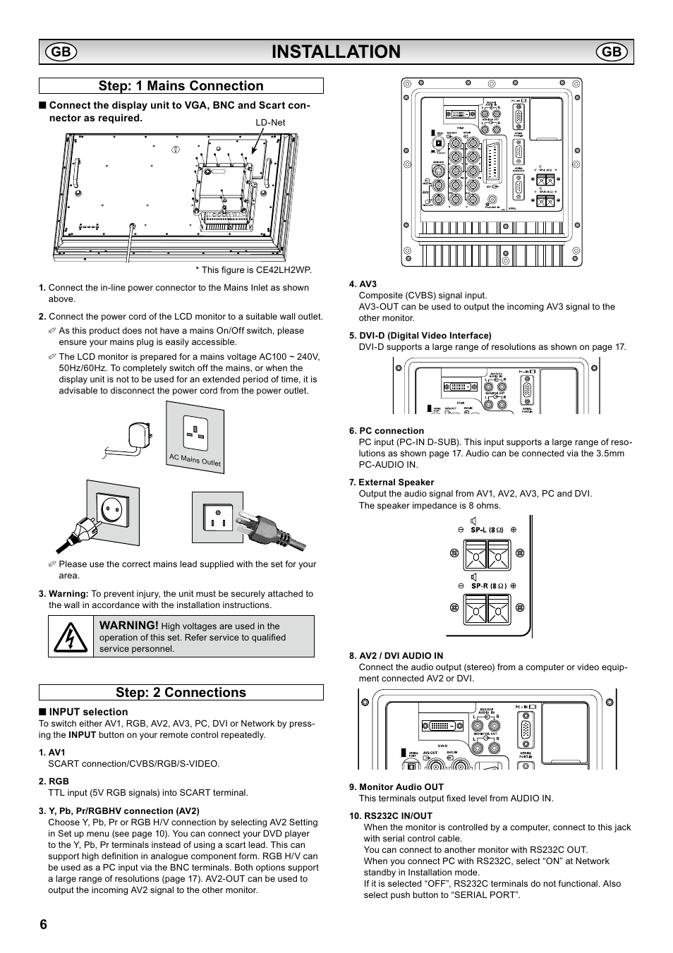 Installation, 6step: 1 mains connection, Step: 2 connections | Sanyo CE42LH2WP User Manual | Page 6 / 33