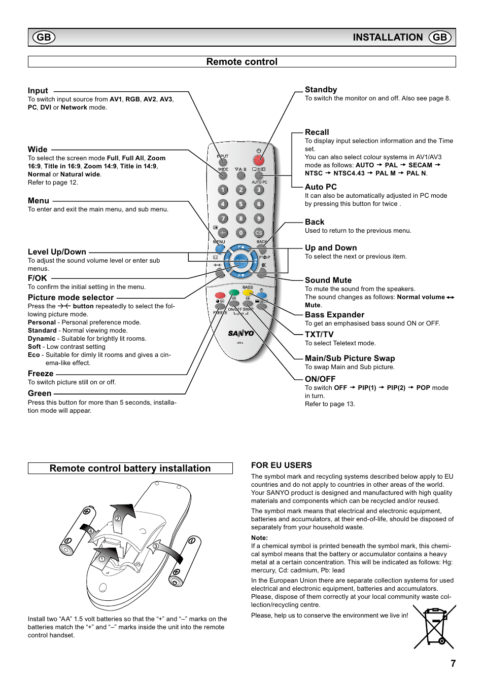 Remote control remote control battery installation, Installation gb gb | Sanyo CE42LH2WP User Manual | Page 7 / 33