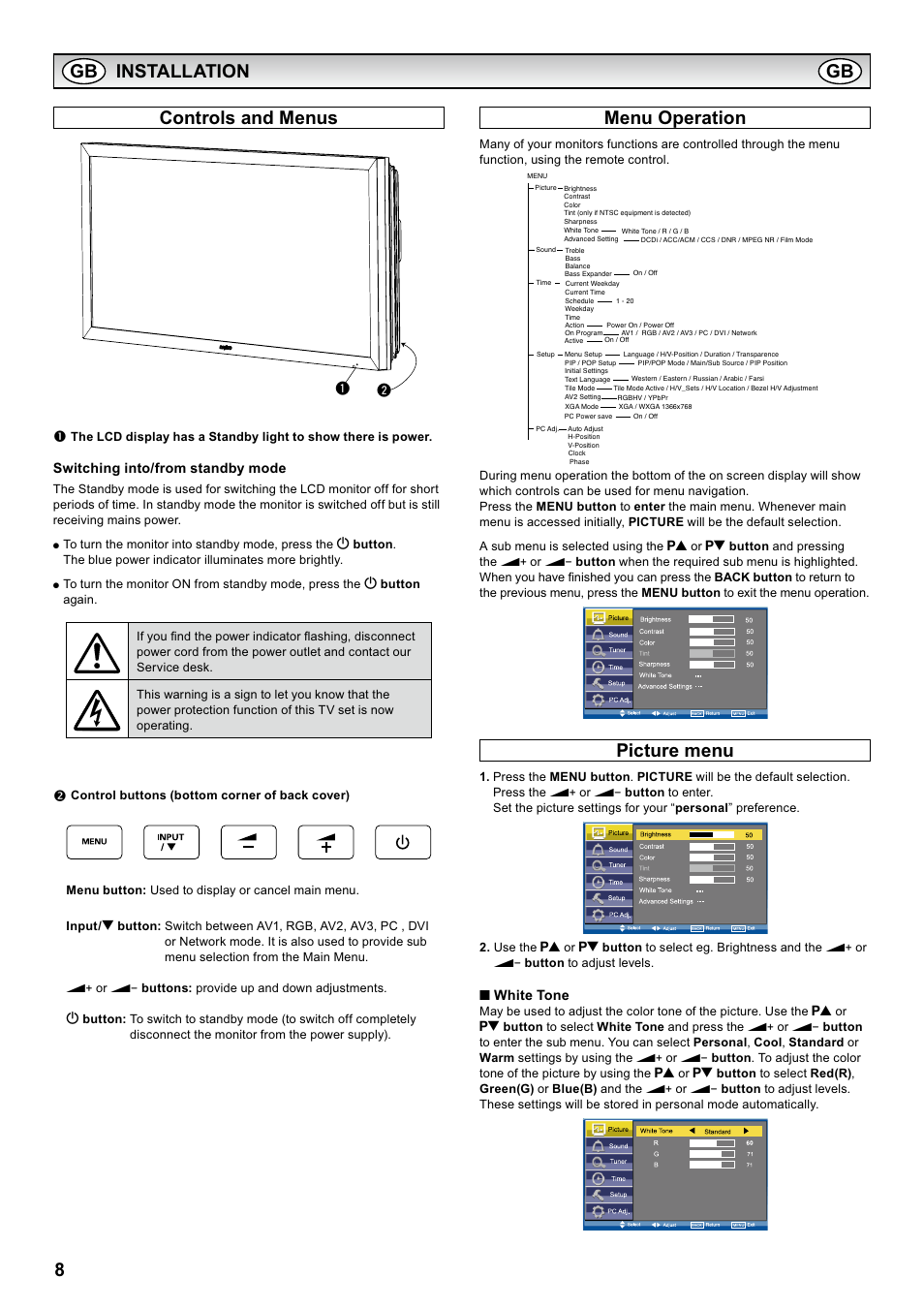 8installation controls and menus, Menu operation, Picture menu | Sanyo CE42LH2WP User Manual | Page 8 / 33