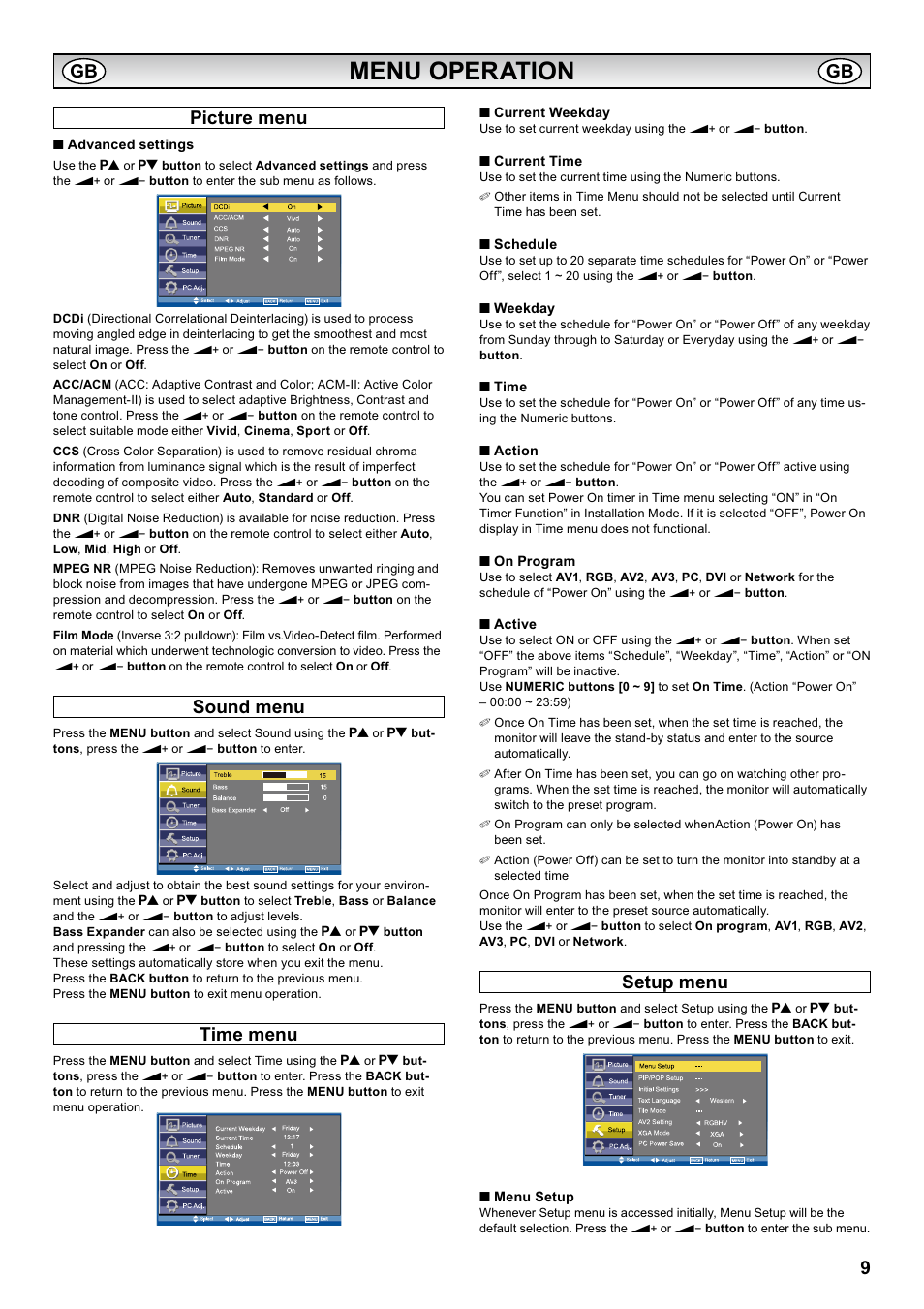 Menu operation, Picture menu, Sound menu | Time menu, Setup menu | Sanyo CE42LH2WP User Manual | Page 9 / 33