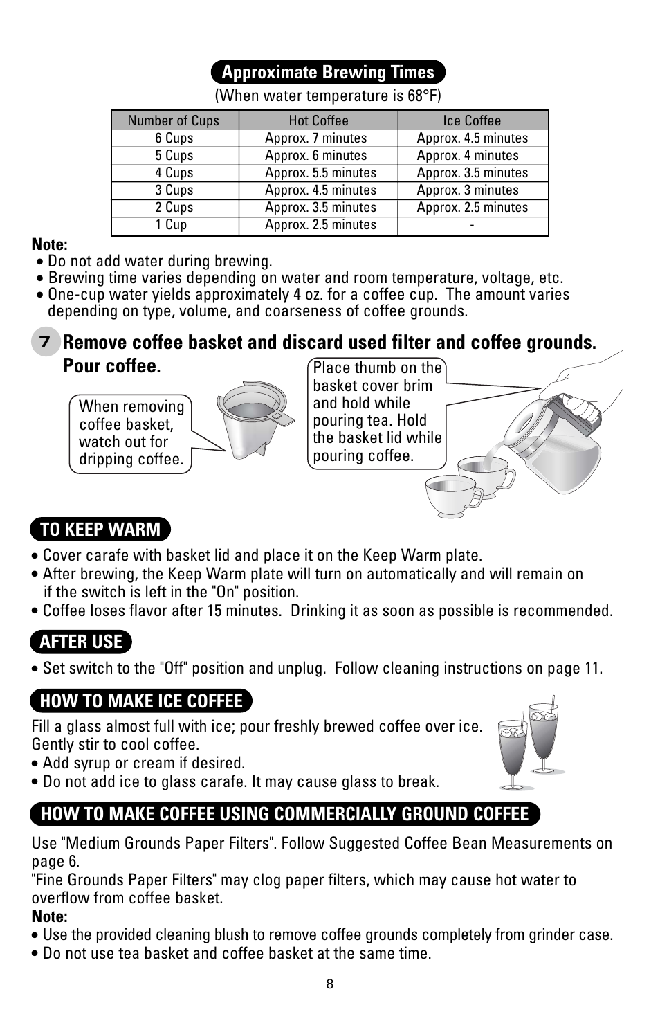 Approximate brewing times, Do not add water during brewing, Add syrup or cream if desired | Sanyo SAC-MST6 User Manual | Page 9 / 15