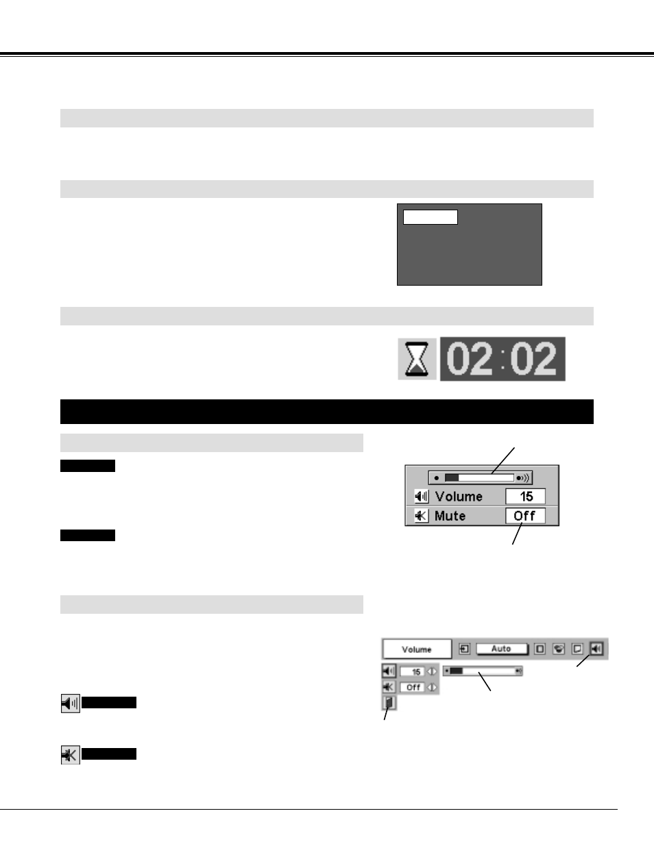 Picture freeze function, No show function, P-timer function | Sound adjustment, Direct operation, Menu operation, Basic operation, No show function picture freeze function, Direct operation menu operation | Sanyo PLC-XP40 User Manual | Page 21 / 44