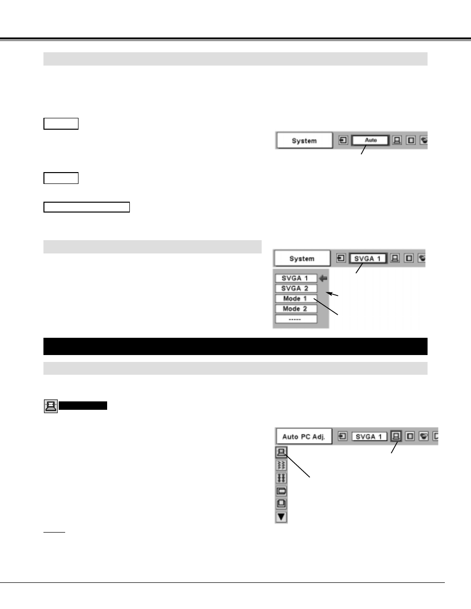 Pc adjustment, Computer input, Select computer system manually | Auto pc adjustment, Automatic multi-scan system | Sanyo PLC-XP40 User Manual | Page 23 / 44