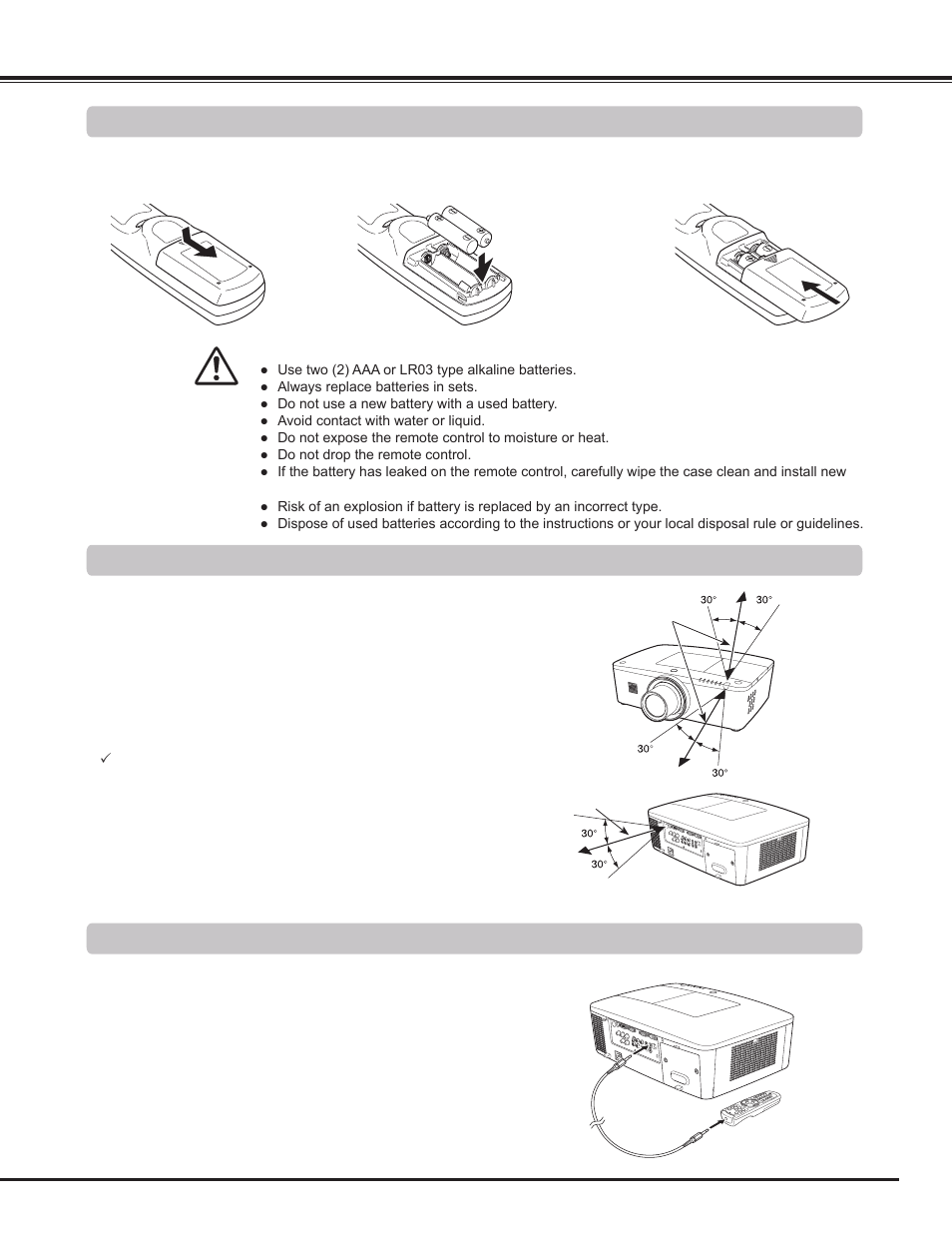 Remote control battery installation, Remote control receivers and operating range, Wired remote control transmitter | Part names and functions | Sanyo PLC WM5500L User Manual | Page 15 / 92