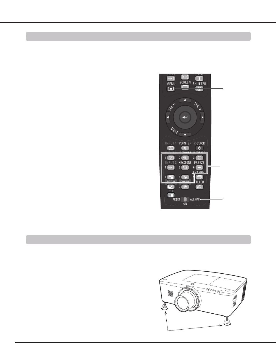 Remote control code, Adjustable feet, Part names and functions remote control code | Sanyo PLC WM5500L User Manual | Page 16 / 92