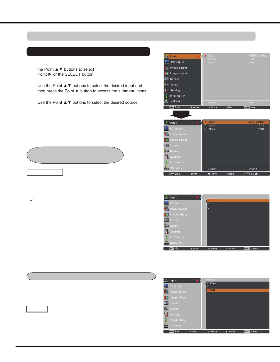 Computer input source selection, Input selection | Sanyo PLC WM5500L User Manual | Page 34 / 92