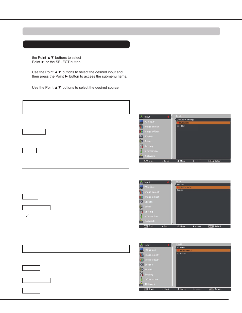Video input source selection, Input selection | Sanyo PLC WM5500L User Manual | Page 35 / 92