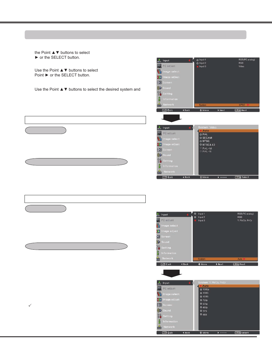 Video input, Video system selection | Sanyo PLC WM5500L User Manual | Page 45 / 92