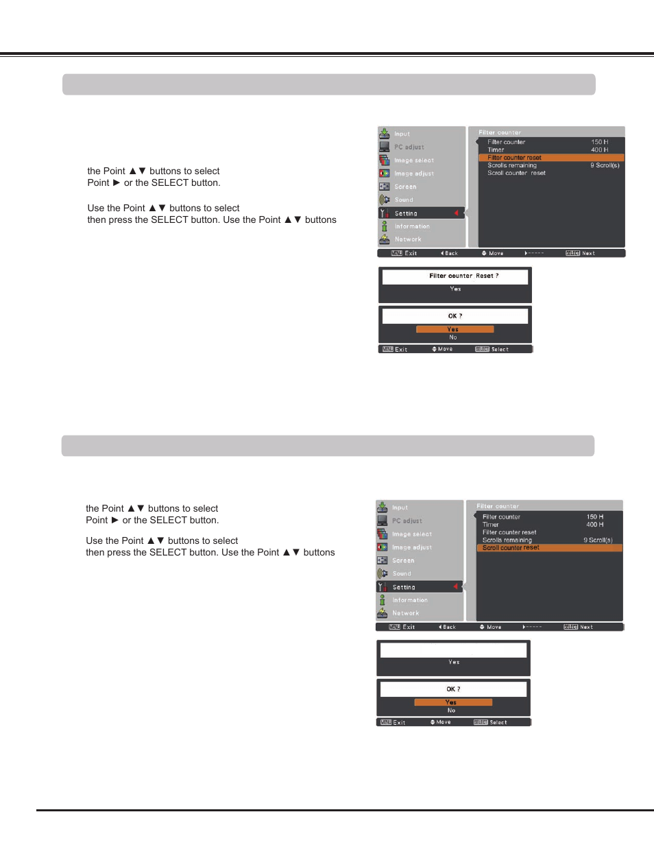 Resetting the filter counter, Resetting the scroll counter | Sanyo PLC WM5500L User Manual | Page 68 / 92