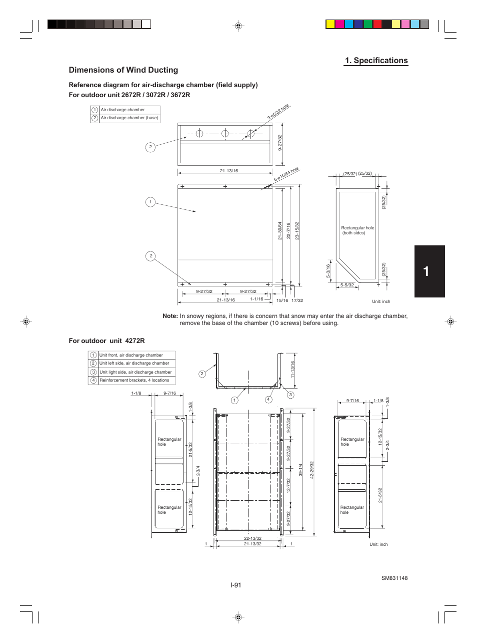 Specifications, Dimensions of wind ducting | Sanyo KHH2672R / CH2672R User Manual | Page 95 / 180