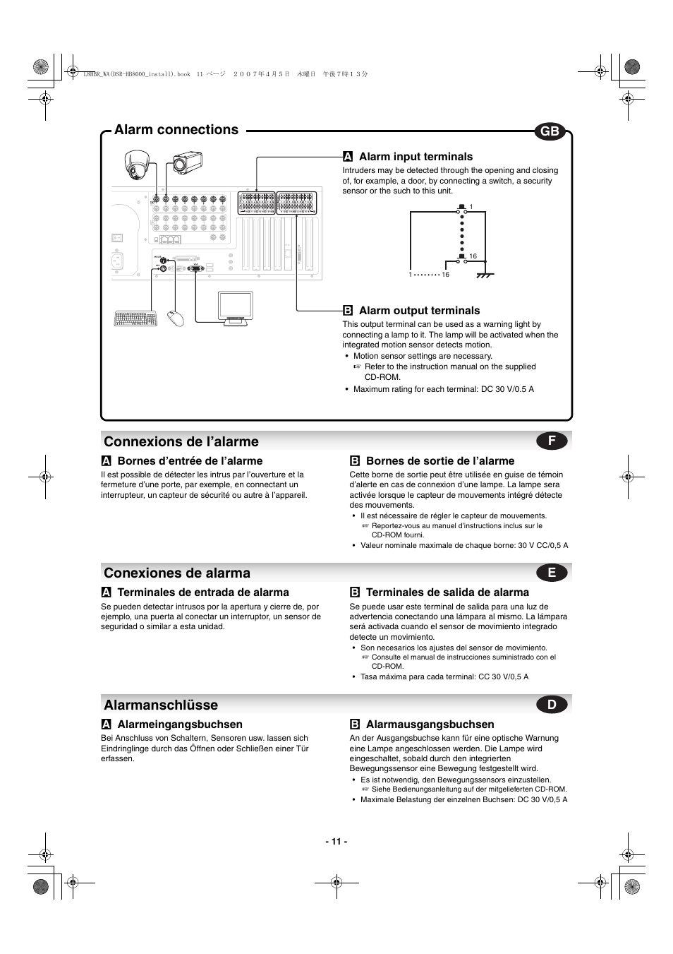 Connexions de l’alarme, Conexiones de alarma, Alarmanschlüsse | Alarm connections | Sanyo DSR-HB8000 User Manual | Page 12 / 22