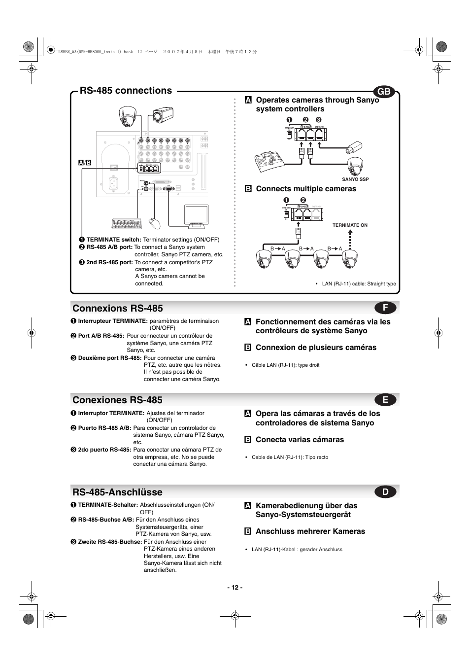 Connexions rs-485, Conexiones rs-485, Rs-485-anschlüsse | Rs-485 connections | Sanyo DSR-HB8000 User Manual | Page 13 / 22