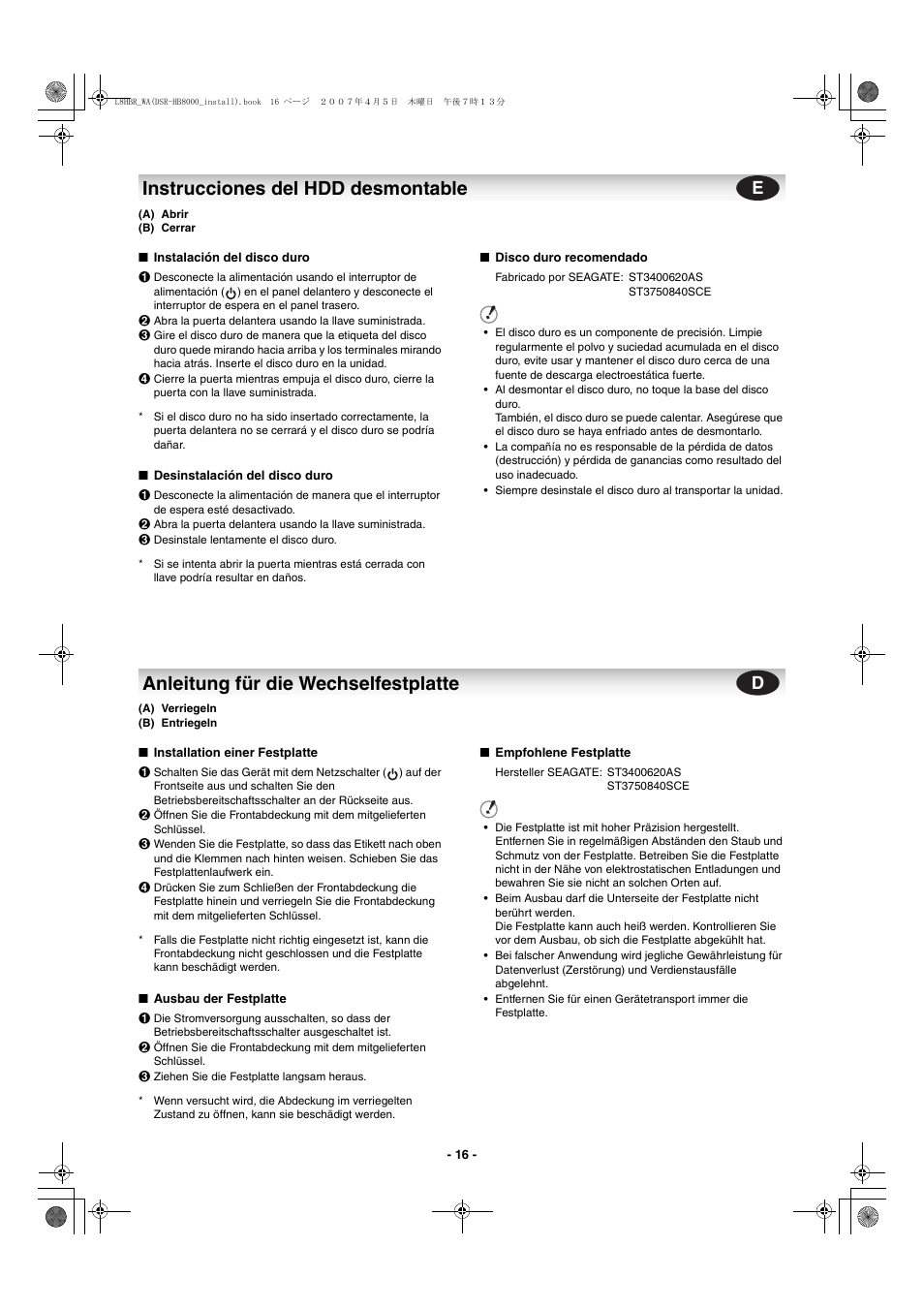 Instrucciones del hdd desmontable, Anleitung für die wechselfestplatte | Sanyo DSR-HB8000 User Manual | Page 17 / 22