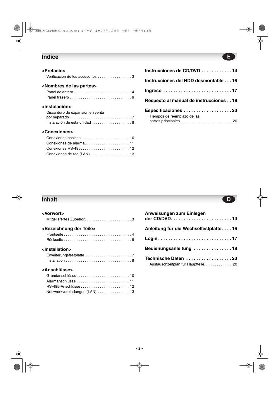 Indice, Inhalt | Sanyo DSR-HB8000 User Manual | Page 3 / 22