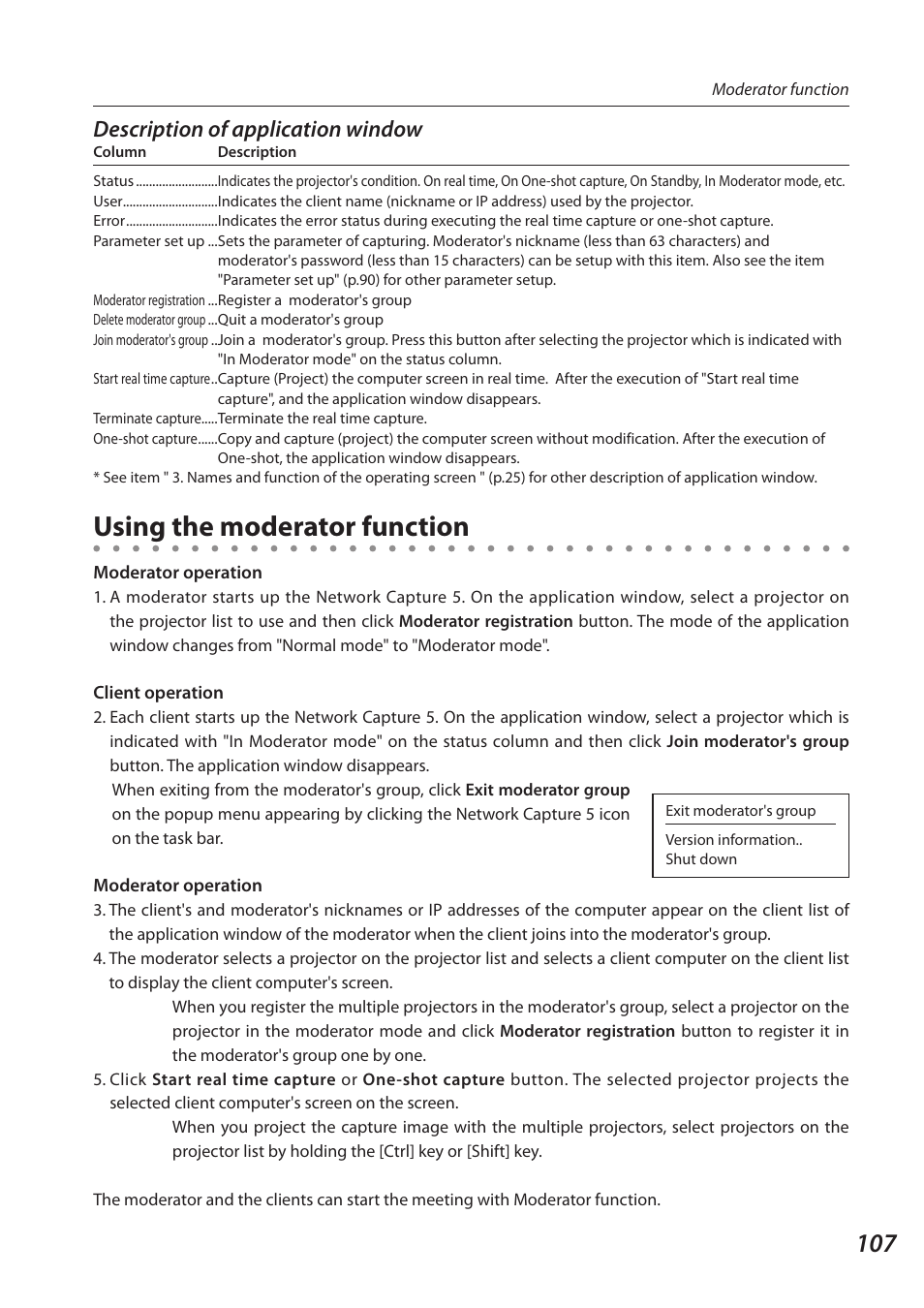 Using the moderator function, Description of application window | Sanyo 1AV4U19B25500 User Manual | Page 107 / 154