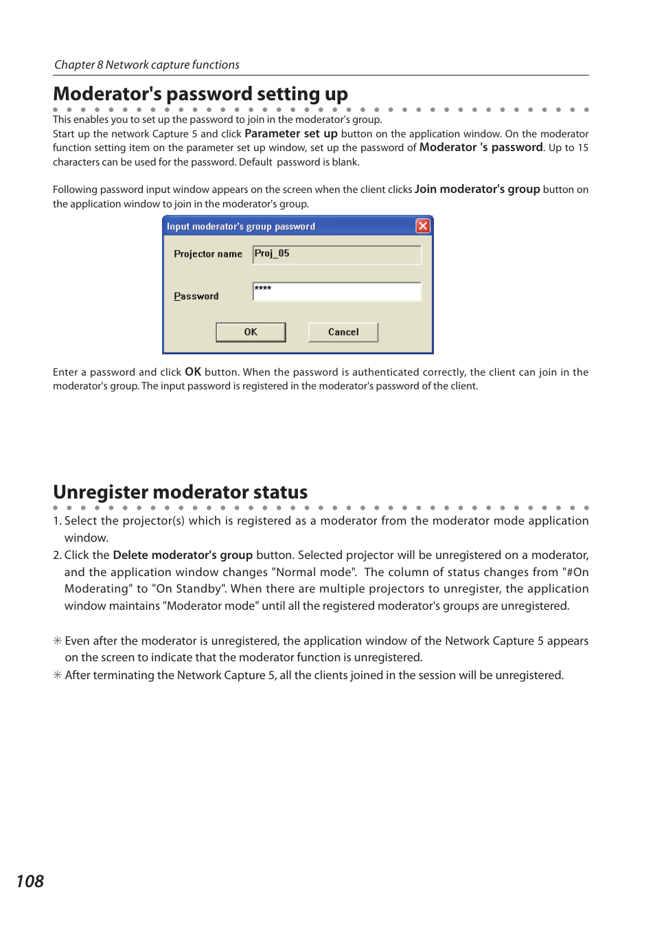 Moderator's password setting up, Unregister moderator status | Sanyo 1AV4U19B25500 User Manual | Page 108 / 154