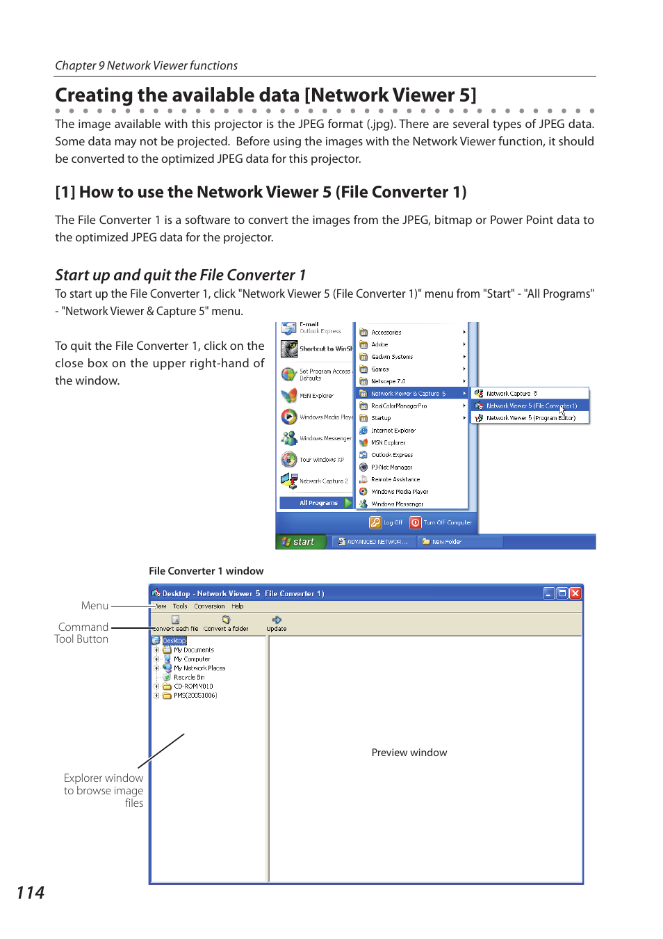 Creating the available data [network viewer 5, Start up and quit the file converter 1 | Sanyo 1AV4U19B25500 User Manual | Page 114 / 154