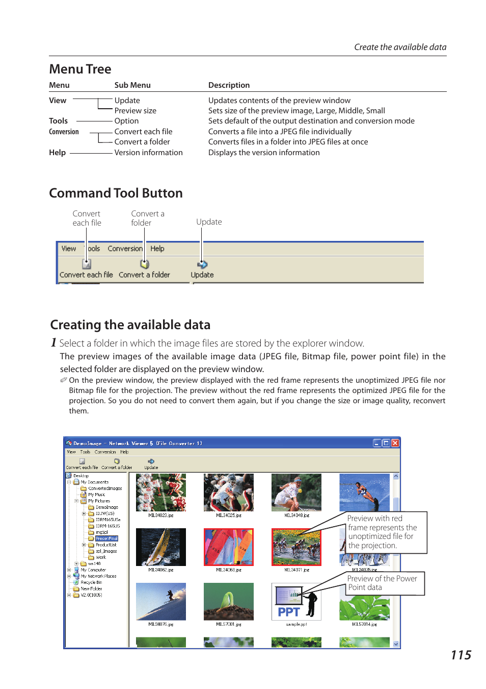 11 creating the available data 1, Menu tree, Command tool button | Sanyo 1AV4U19B25500 User Manual | Page 115 / 154