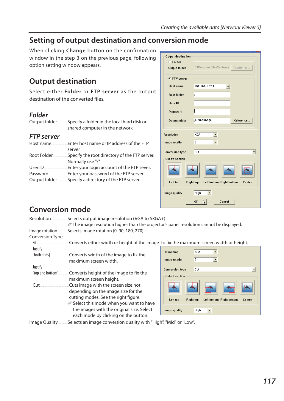 Output destination, Conversion mode, Folder | Ftp server | Sanyo 1AV4U19B25500 User Manual | Page 117 / 154