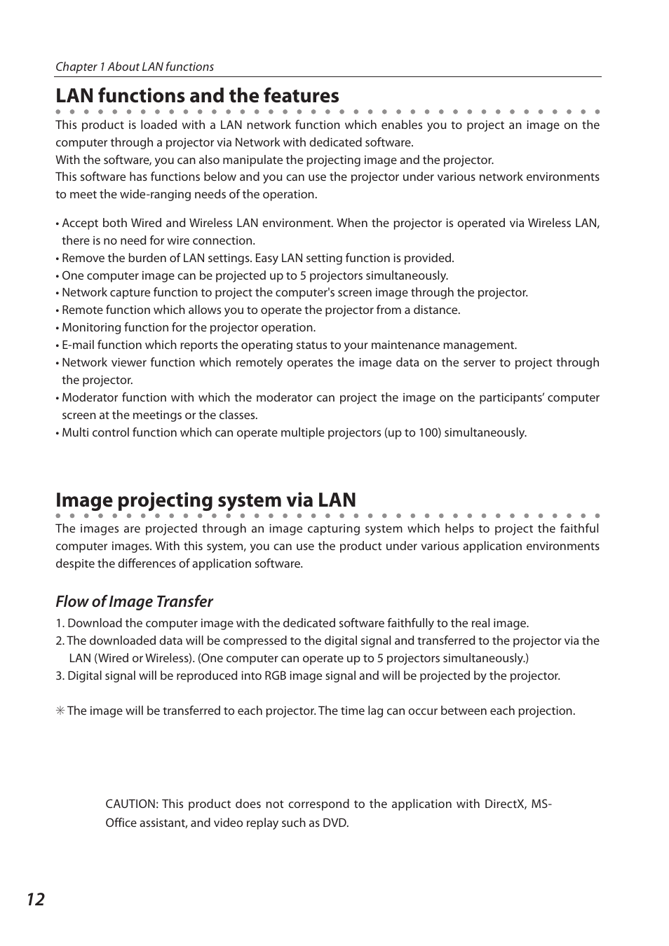 Lan functions and the features, Image projecting system via lan | Sanyo 1AV4U19B25500 User Manual | Page 12 / 154