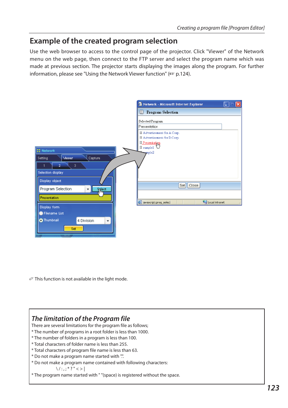 1 example of the created program selection, The limitation of the program file | Sanyo 1AV4U19B25500 User Manual | Page 123 / 154
