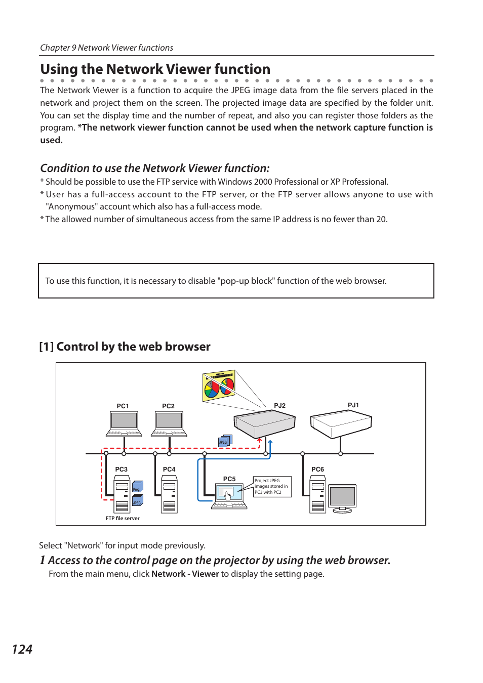 Using the network viewer function, 1] control by the web browser, Condition to use the network viewer function | Sanyo 1AV4U19B25500 User Manual | Page 124 / 154