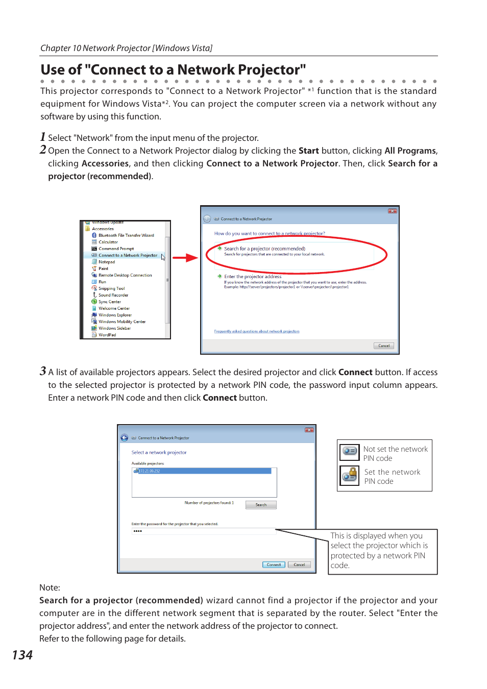Use of "connect to a network projector | Sanyo 1AV4U19B25500 User Manual | Page 134 / 154