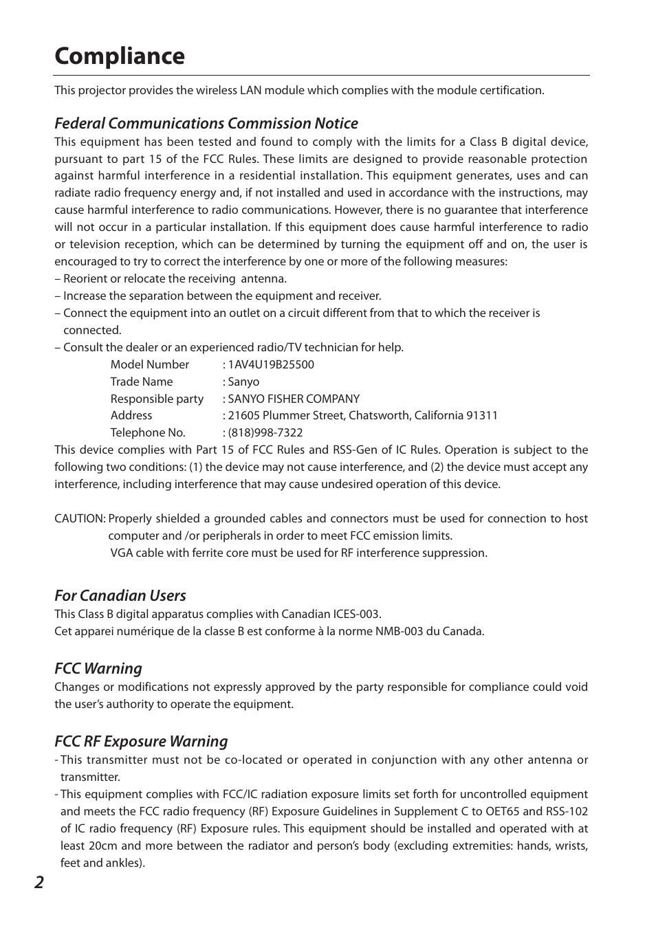 Compliance, Federal communications commission notice, For canadian users | Fcc warning, Fcc rf exposure warning | Sanyo 1AV4U19B25500 User Manual | Page 2 / 154