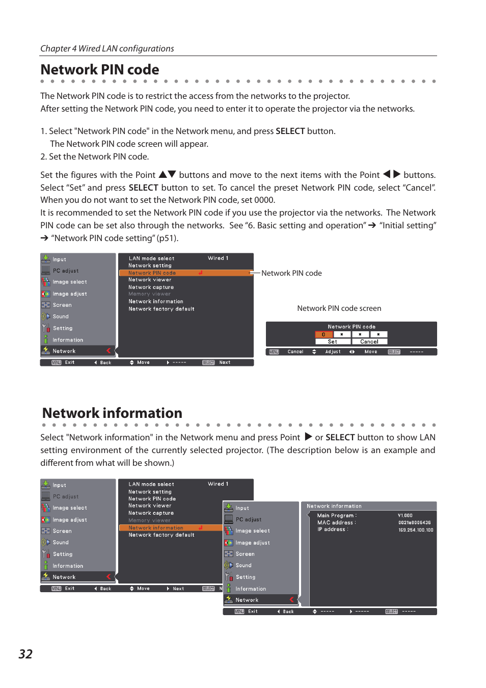 Network pin code, Network information, Network pin code network information | Sanyo 1AV4U19B25500 User Manual | Page 32 / 154