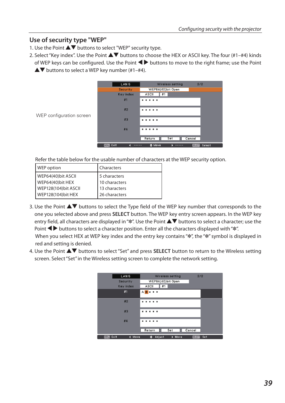 Use of security type "wep | Sanyo 1AV4U19B25500 User Manual | Page 39 / 154