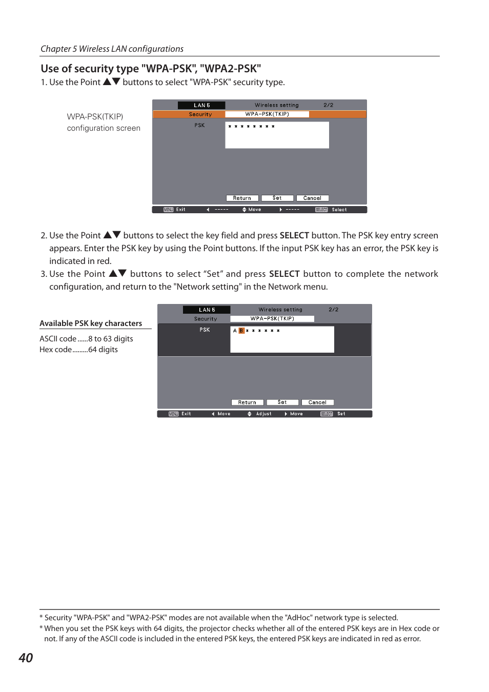 Use of security type "wpa-psk", "wpa2-psk | Sanyo 1AV4U19B25500 User Manual | Page 40 / 154