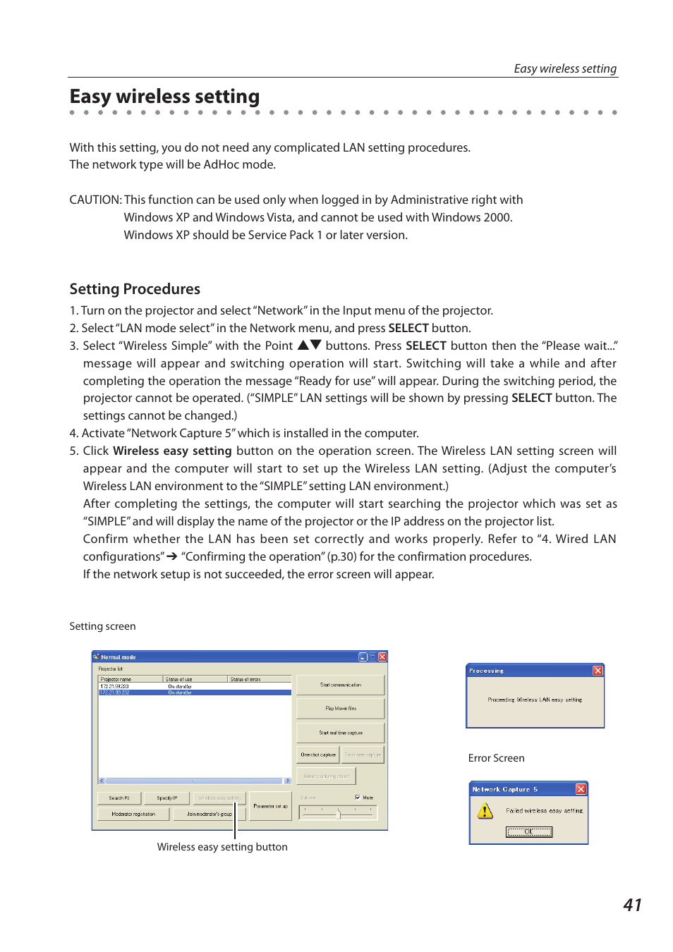 Easy wireless setting | Sanyo 1AV4U19B25500 User Manual | Page 41 / 154