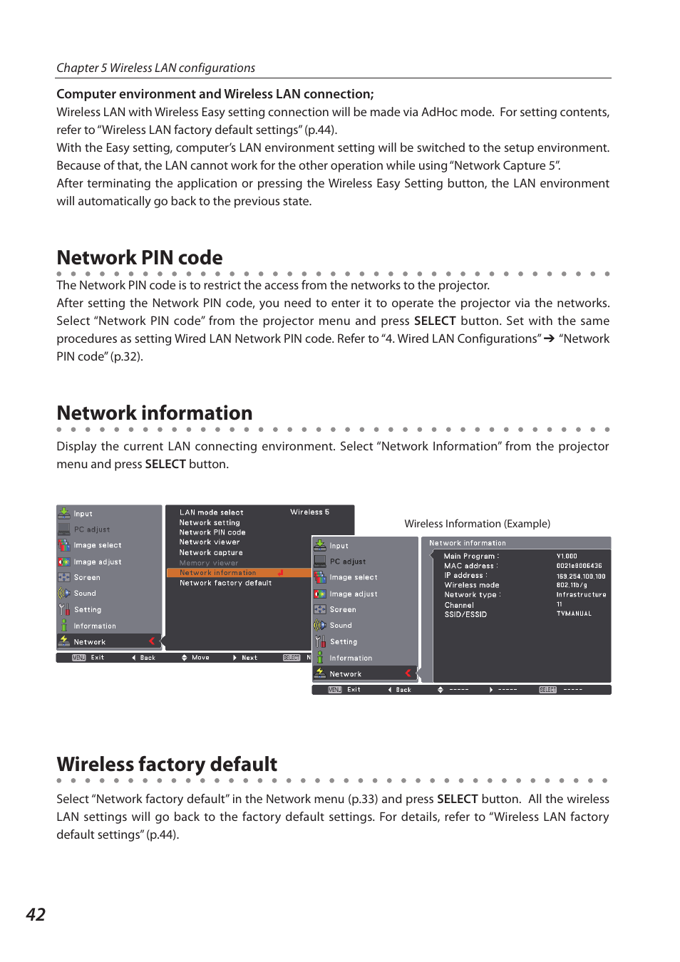 Network pin code, Network information, Wireless factory default | Network information wireless factory default, Network information network pin code | Sanyo 1AV4U19B25500 User Manual | Page 42 / 154