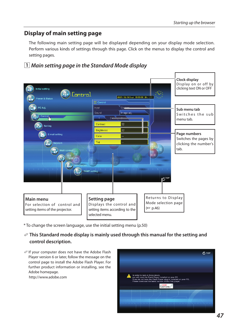 Display of main setting page, Zmain setting page in the standard mode display | Sanyo 1AV4U19B25500 User Manual | Page 47 / 154