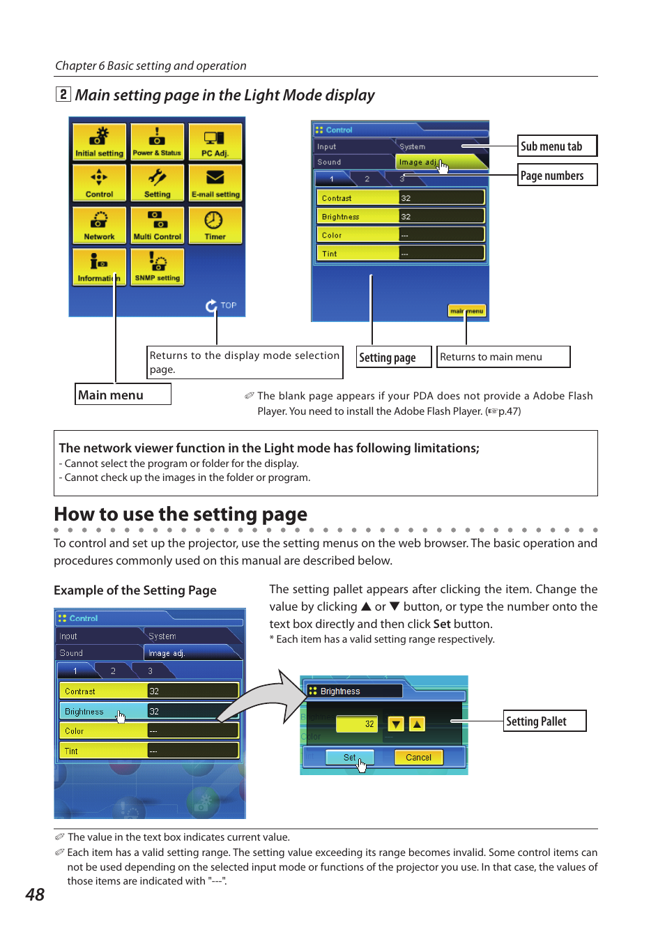 How to use the setting page, Xmain setting page in the light mode display | Sanyo 1AV4U19B25500 User Manual | Page 48 / 154
