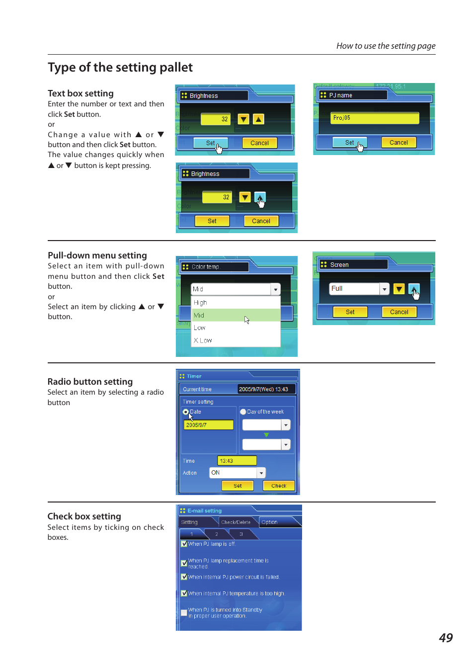 Type of the setting pallet | Sanyo 1AV4U19B25500 User Manual | Page 49 / 154