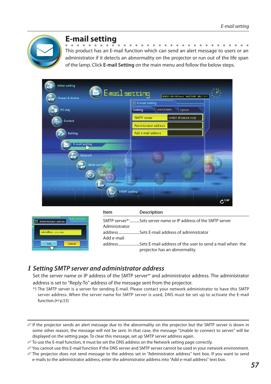 E-mail setting, Setting smtp server and administrator address | Sanyo 1AV4U19B25500 User Manual | Page 57 / 154