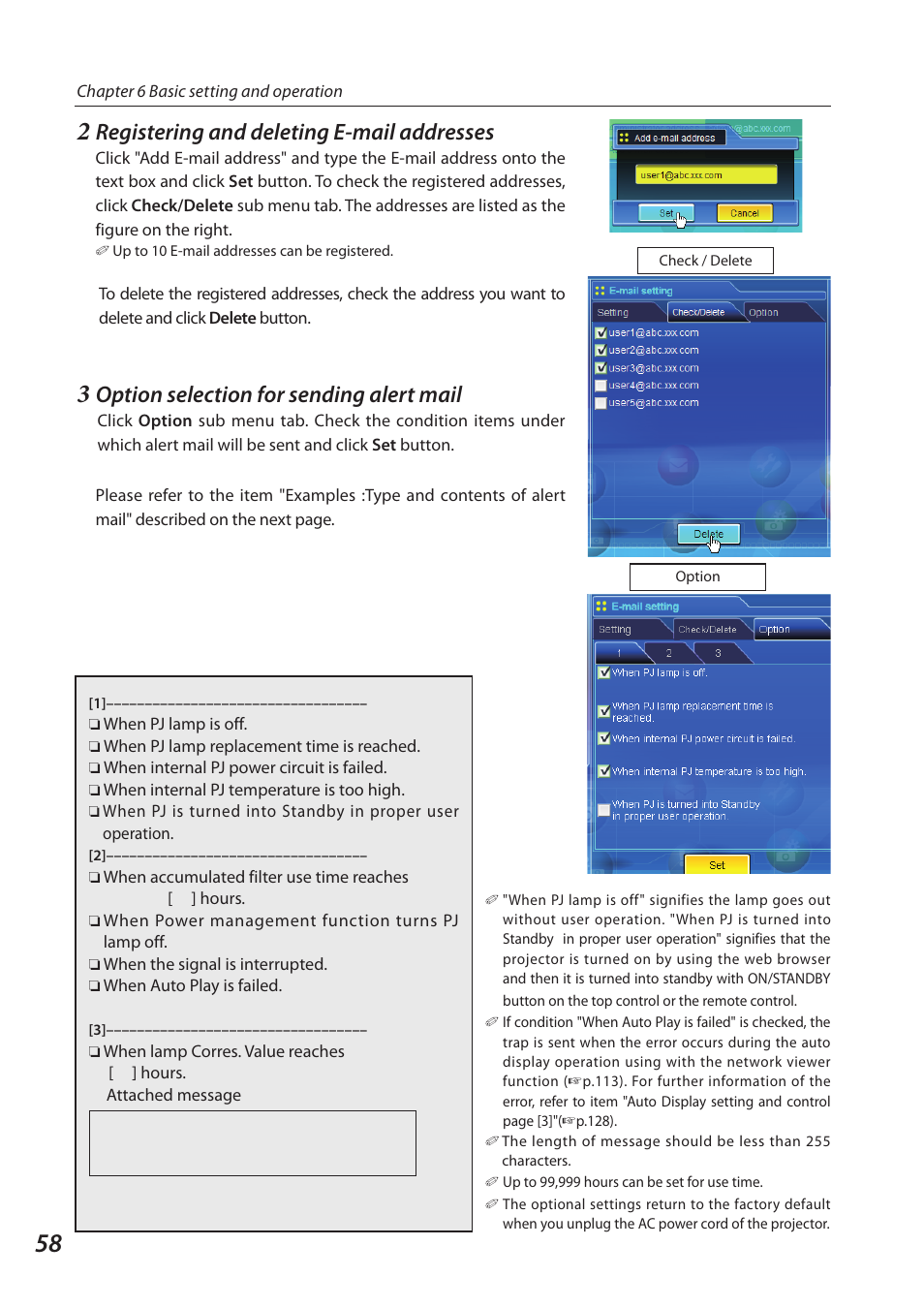 Registering and deleting e-mail addresses, Option selection for sending alert mail | Sanyo 1AV4U19B25500 User Manual | Page 58 / 154