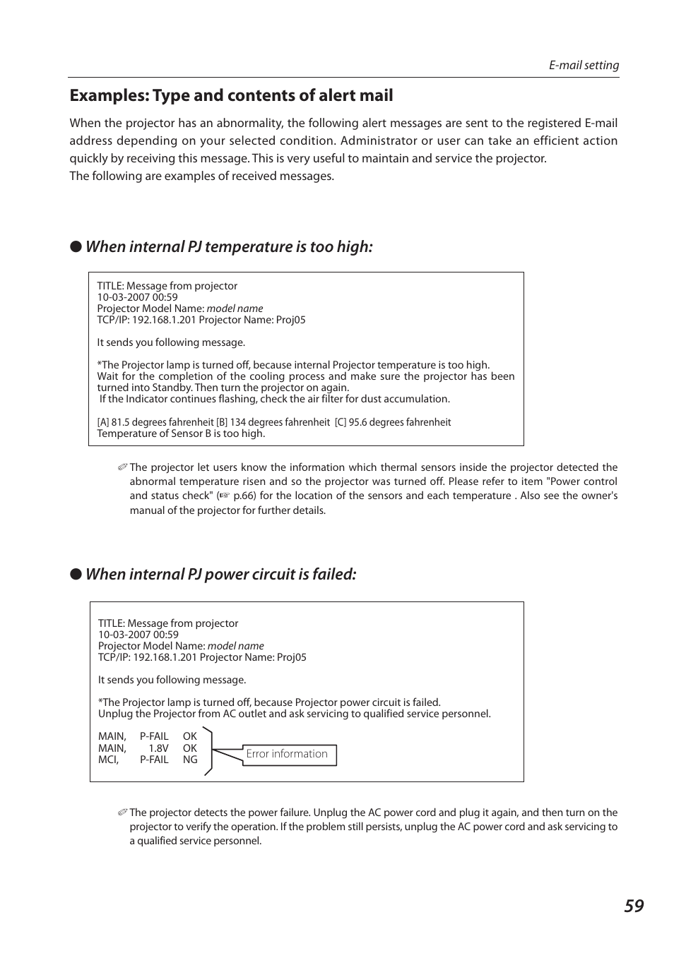 Examples: type and contents of alert mail, When internal pj temperature is too high, When internal pj power circuit is failed | Sanyo 1AV4U19B25500 User Manual | Page 59 / 154