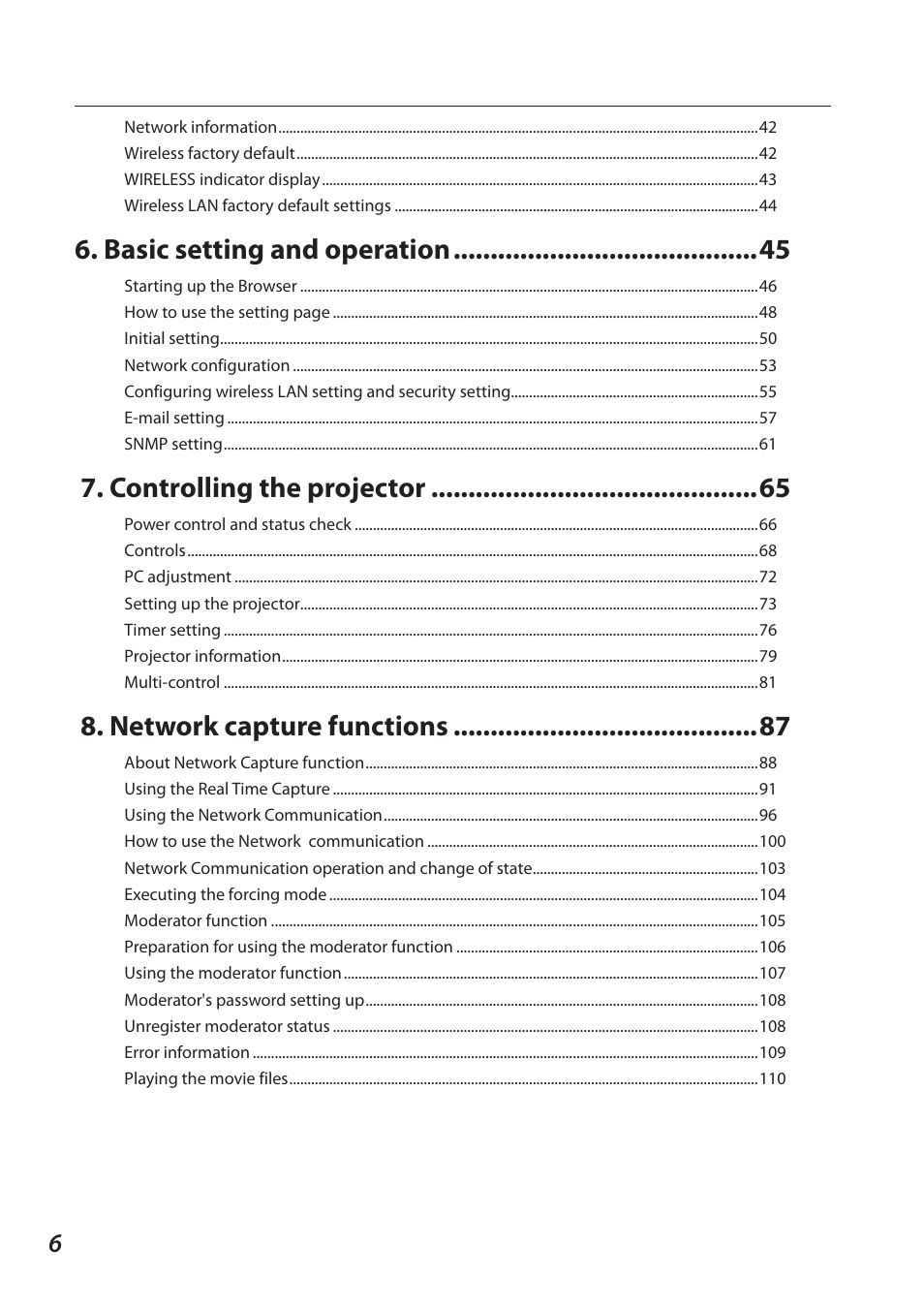 Basic setting and operation, Controlling the projector, Network capture functions | Sanyo 1AV4U19B25500 User Manual | Page 6 / 154