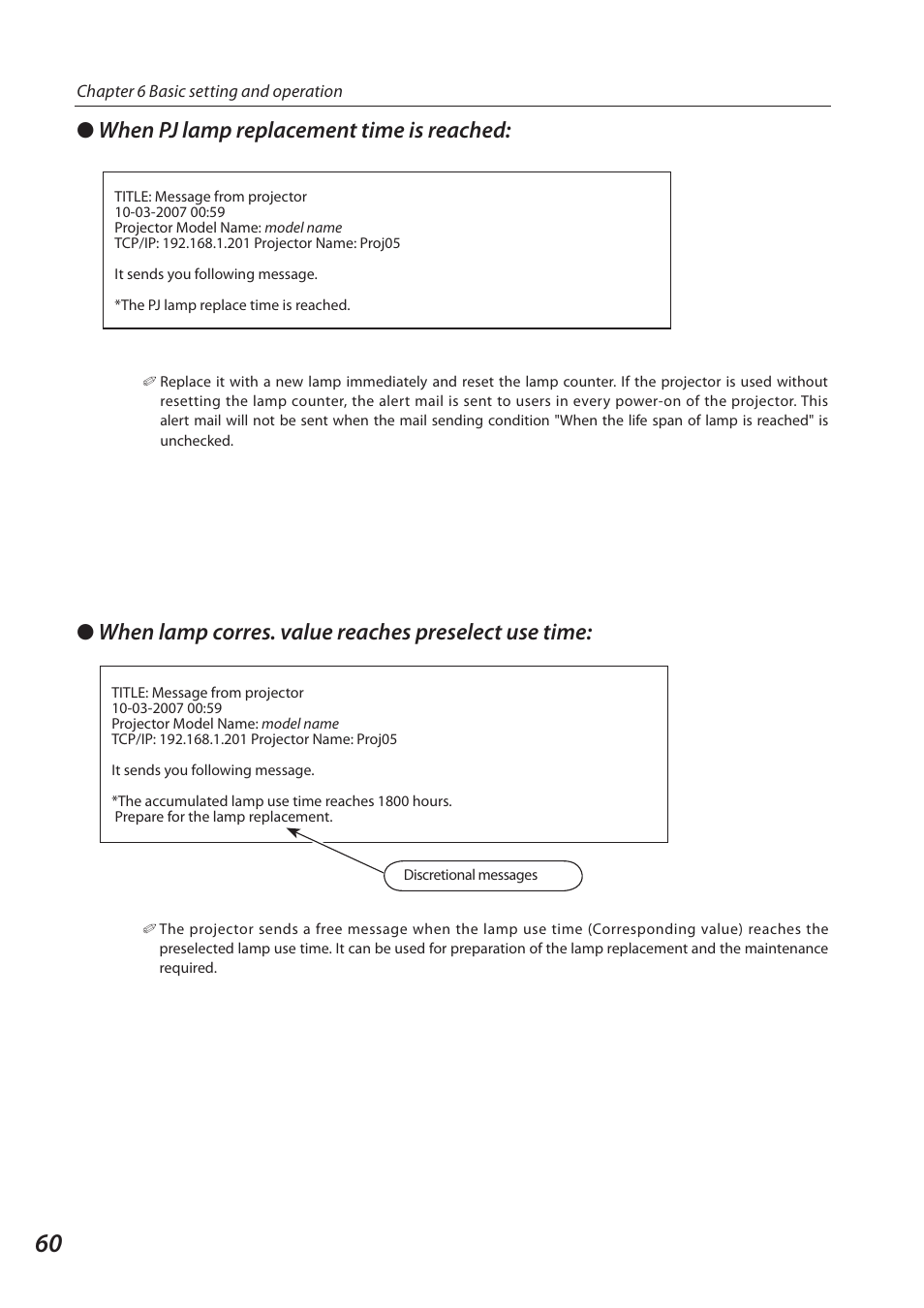 When lamp corres. value reaches preselect use time, When pj lamp replacement time is reached | Sanyo 1AV4U19B25500 User Manual | Page 60 / 154