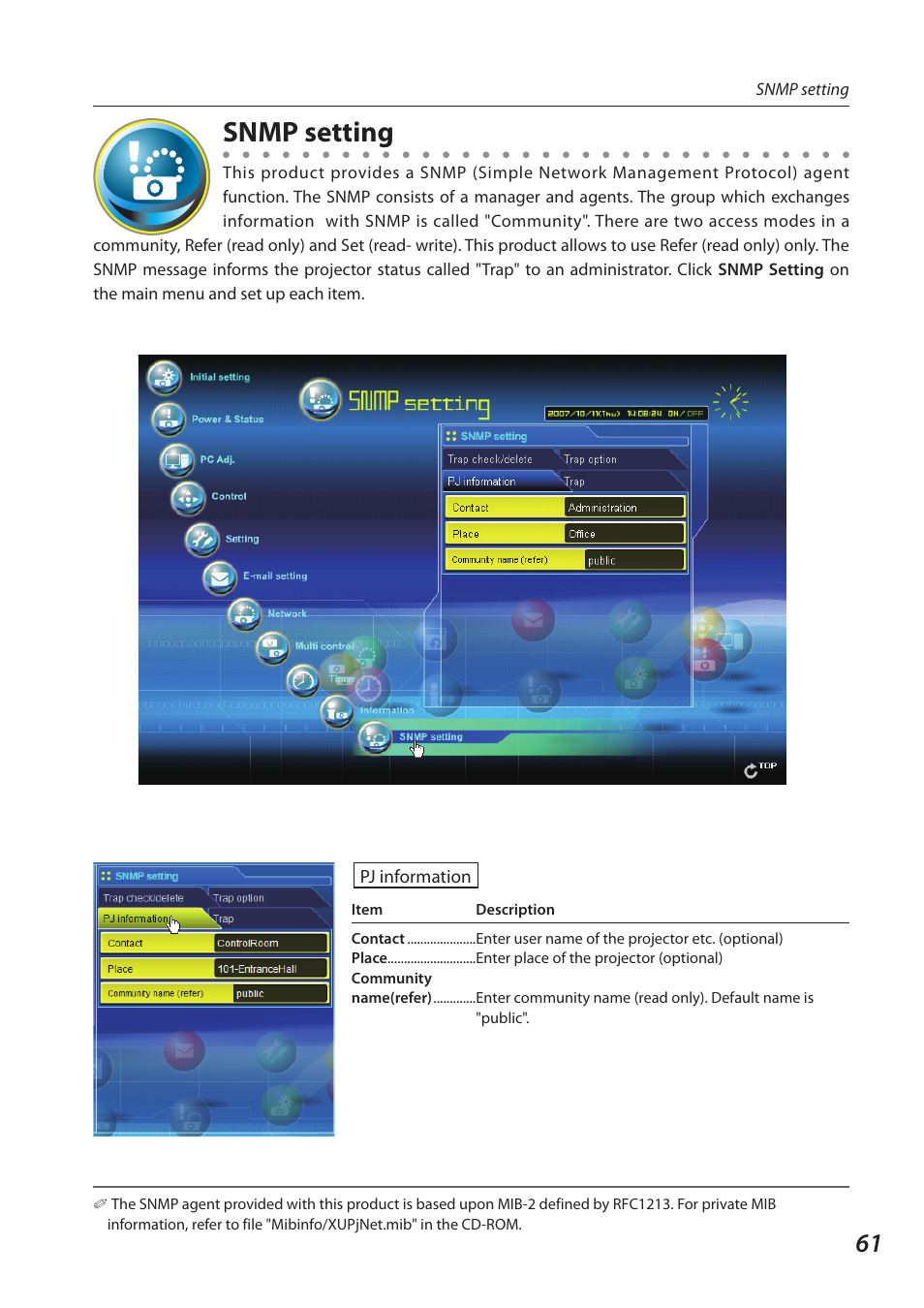 Snmp setting | Sanyo 1AV4U19B25500 User Manual | Page 61 / 154