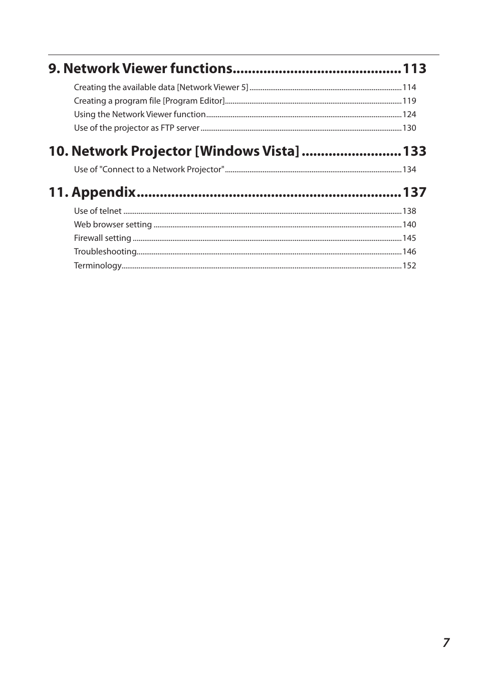 Network viewer functions, Network projector [windows vista, Appendix | Sanyo 1AV4U19B25500 User Manual | Page 7 / 154