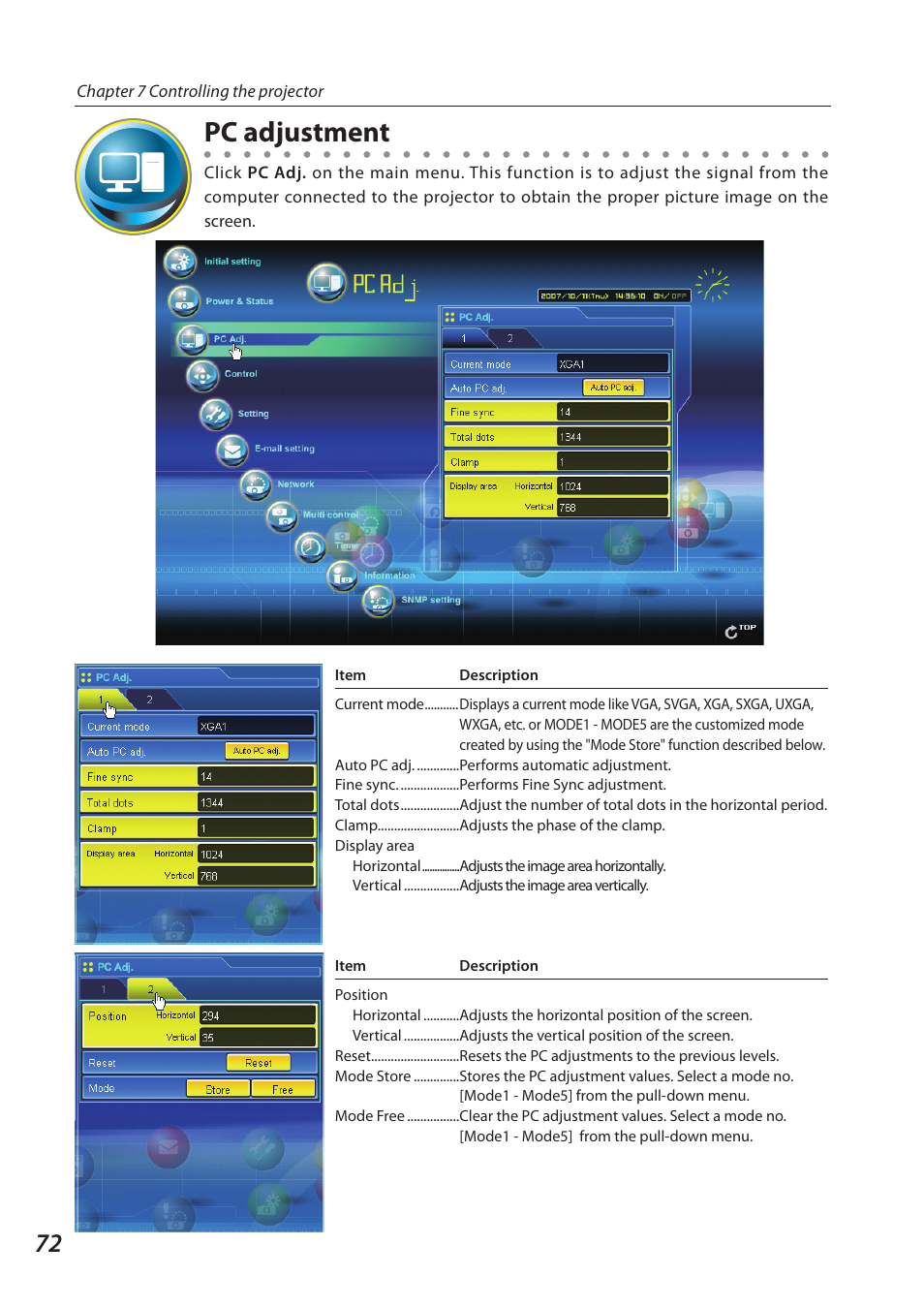Pc adjustment | Sanyo 1AV4U19B25500 User Manual | Page 72 / 154