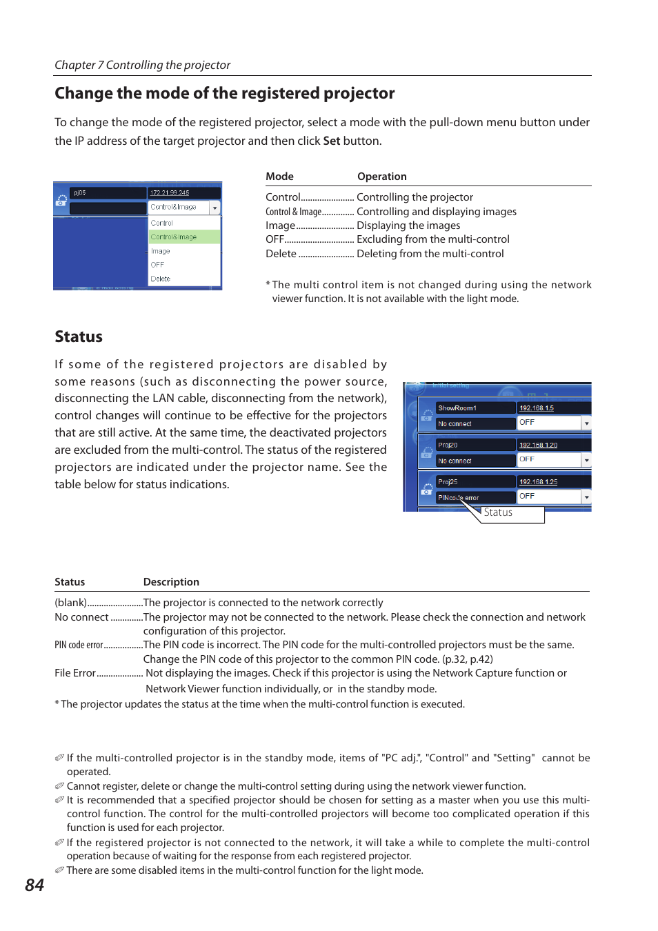 Status, Change the mode of the registered projector | Sanyo 1AV4U19B25500 User Manual | Page 84 / 154