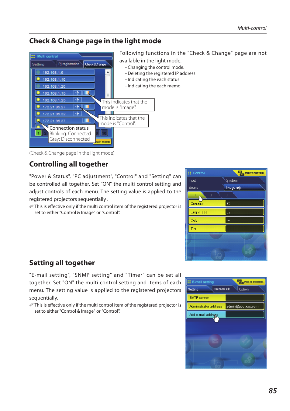 Check & change page in the light mode, Controlling all together, Setting all together | Sanyo 1AV4U19B25500 User Manual | Page 85 / 154